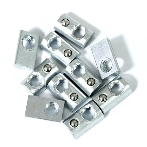 Built Tough 1/4-20 Threaded Steel Roll In T Nut With Ball Spring For T Slot Rails And 10 Series Aluminum Extrusion Profiles