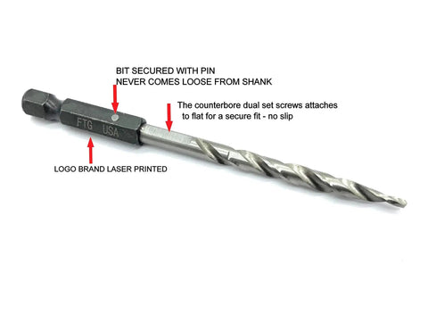 Pro Grade Countersink Drill Bit Set For Woodworking, 5 Pc Including Sizes 4, 6, 8, 10, 12, Tapered Bit with Hex Shank and Labels