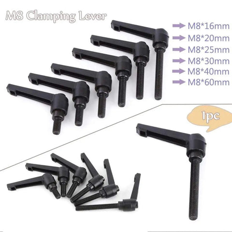 Adjustable Clamping Lever With External Male Thread For Machinery, M8 Size shown in six thread lengths with ratchet style knob.