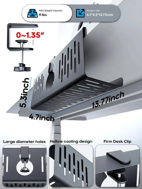 No Drill Under Desk Cable Management Tray With Clamp On Design, Heavy Duty Metal Wire Organizer For Office And Home, 13.8 Inch By 5.3 Inch By 4.7 Inch, Punch Free Desk Cable Tray, Black