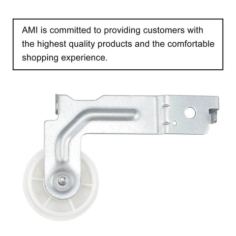 Single dryer idler pulley assembly with upgraded dual sealed ball bearings, replaces PD00032419, side view of metal and plastic pulley
