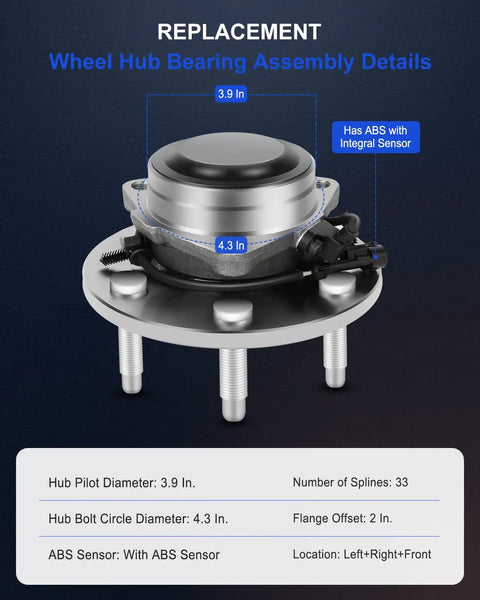 Front Wheel Hub Bearing Assembly 515054 With ABS 6 Lug 2WD, showing dimensions and ABS sensor integration details.