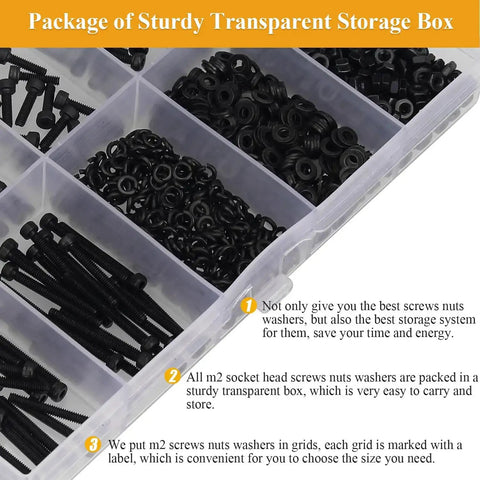 565 Piece M2 Hex Socket Head Cap Screws Nuts Washers Set Black fully threaded organized in storage box compartments