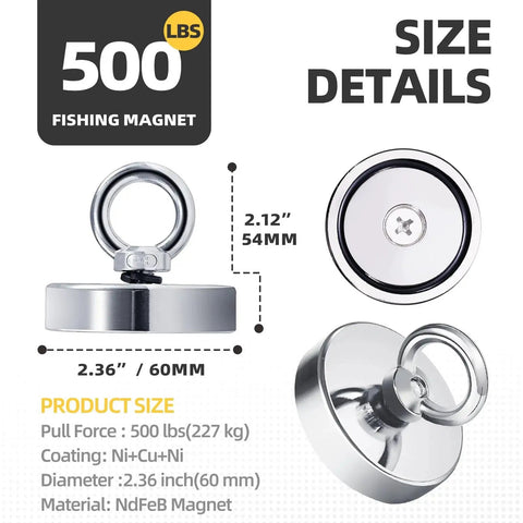 60 Mm Fishing Magnet Kit 500 Lb Neodymium Heavy Duty Retriever With 65 Ft Rope, 60mm diameter, steel cup, size details shown