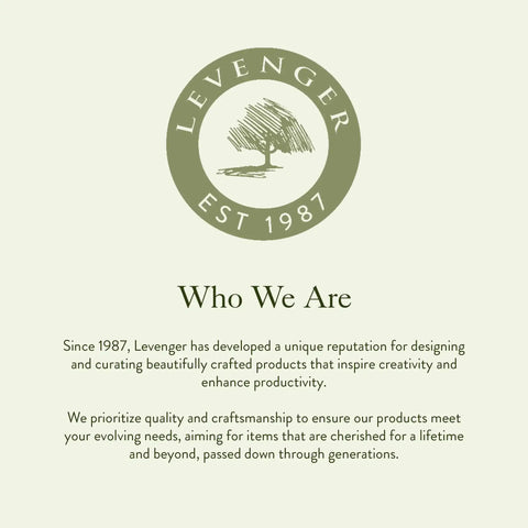 Levenger logo and company mission statement about quality, craftsmanship, and creativity since 1987.