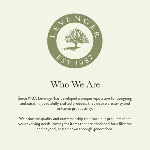Levenger logo and description text about their commitment to quality, creativity, and crafting products since 1987.