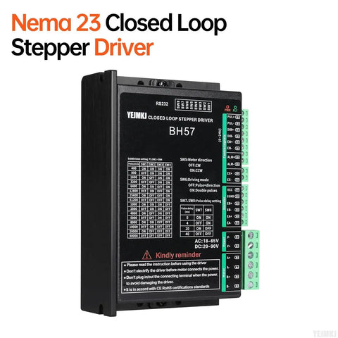 Close-up of Nema 23 Closed Loop Stepper Driver for CNC Lathe Router and 3D Printer DIY Robot Projects with configuration labels visible