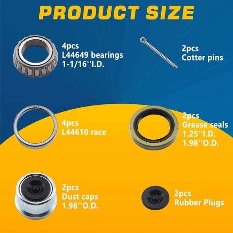 Image showing components of Two Sets Trailer Hub Bearing Kit For One And One Sixteenth Inch Axles L44649 L44610 Bearings 12192TB.