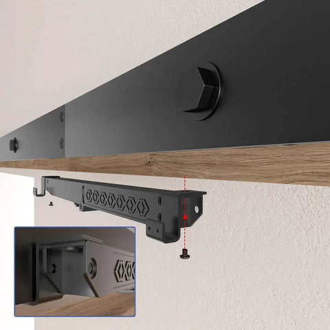 2 Piece Barn Door Soft Close Mechanism Set With Upgraded Universal Weight Compatibility Supports Doors Up To 160 Lbs For Effortless Opening And Smooth Quiet Closing Hole Free Sliding Door Hardware Spring Buffer Damper installed under a wooden barn door track shown from a side angle