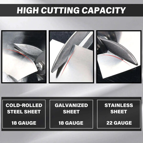Three Pack Aviation Tin Snips For Cutting Metal Sheets With Heavy Duty CRV Steel Blades shown cutting various metal sheets