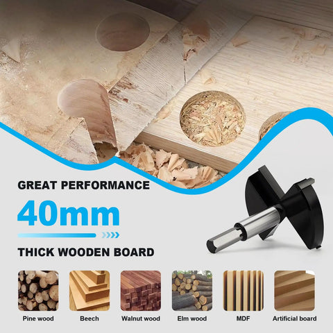 Three Quarter Inch Forstner Drill Bit Carbide Tipped For Clean Flat Bottom Holes In Hardwood Plywood And Plastic Professional Grade Hinge Cutter With Round Shank One Third Inch Eight Millimeter shown next to drilled wooden board examples