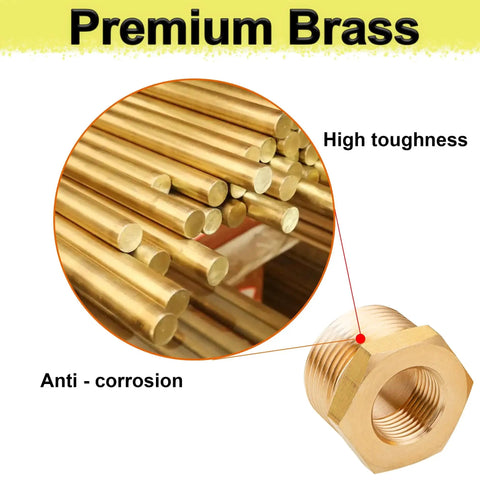Two Pack Brass Reducer Hex Bushing Three Quarters Inch MNPT To One Quarter Inch FNPT Heavy Duty Pipe Fitting Adapter, highlighting premium brass