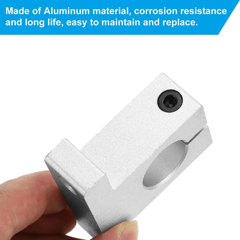 Aluminum Linear Motion Rod Rail Clamp Guide for 8mm Shafts held in hand, showing durable mount with precision fit and smooth sliding