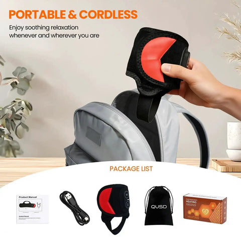 Hand holding Cordless Red Light Therapy Ankle Massager Wrap, package includes manual, charger, storage bag, and box