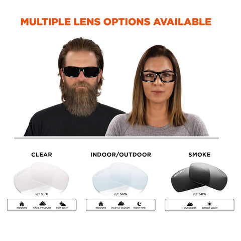 Various Skullerz Odin Safety Glasses Matte Black With Anti Fog Smoke Lens Fog Off Treatment options displayed, including clear, indoor/outdoor, smoke lenses.