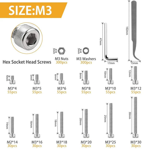 Diagram of M3 Hex Socket Cap Screws Nuts Kit In Stainless Steel Assortment With Washers Includes Allen Wrench And Curved Tweezer