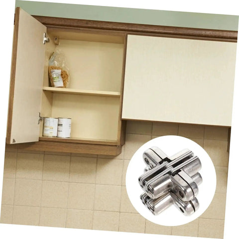 Hidden Zinc Alloy Cabinet Door Hinges 2 Piece Set, thick design, heavy duty for furniture repair shown next to open cupboard.