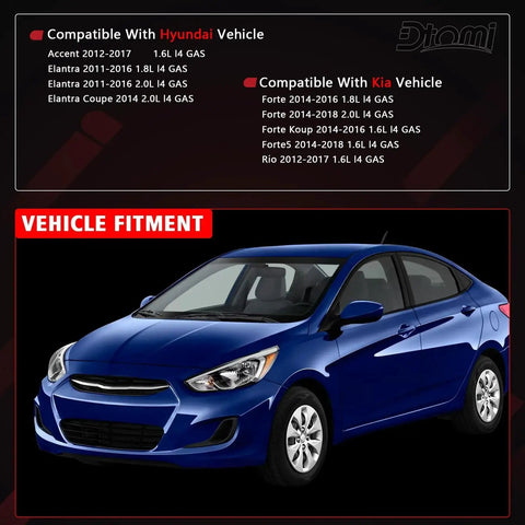Blue Hyundai Accent with vehicle fitment details for Kia and Hyundai models.