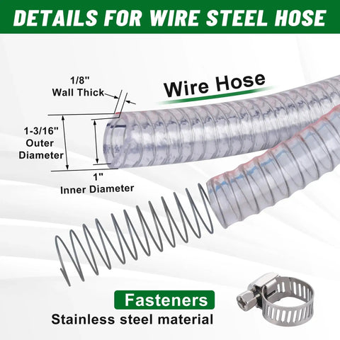 Five Foot Long Steel Wire Suction Hose With PVC Reinforced Tubing details with dimensions and clamps