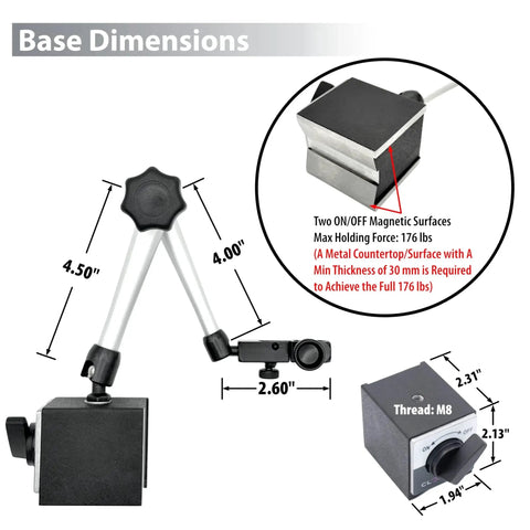 Pro Grade Digital Indicator With Magnetic Base Stand For Precision Measurements showing base dimensions and features.