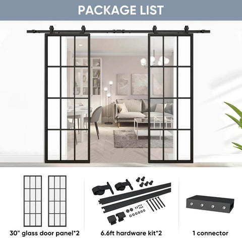 Double Barn Door Set 60x84 Inch With 13 Foot Top Mounted Hardware Kit Includes Two 30x84 Clear Tempered Glass Panels In Black Aluminum Frame Ready For Easy Assembly And Smooth Quiet Sliding; includes glass door panels and hardware.