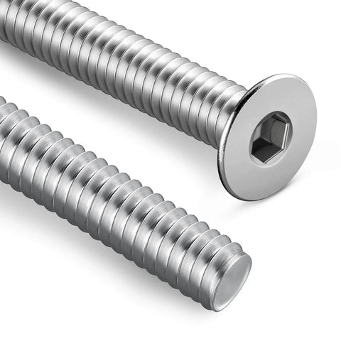 Close-up of Beefy 1/4-20 Socket Head Cap Screws Set, 2 Inch, Full Thread, 304 Stainless Steel 18-8 Countersunk Bolts, rust resistant