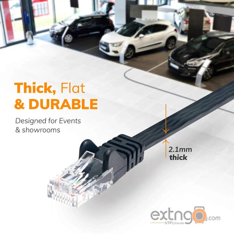 Flat Retractable CAT6 Ethernet Cable Extender, 50 Feet UTP Reel With Cascadable Male To Female RJ45 shown in showroom