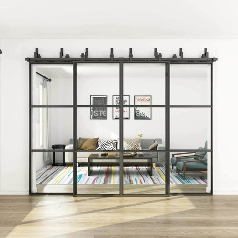 Front view of Double Bypass Glass Barn Door Kit With 10 Ft Hardware And Soft Close, installed with four 30x84 in clear glass panels.