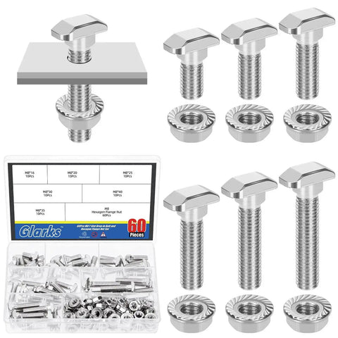 120 Pcs M8 T Slot Drop In Bolts With Hex Flange Nuts Hammer Head T Bolts kit with various sizes for heavy duty aluminum extrusion projects.