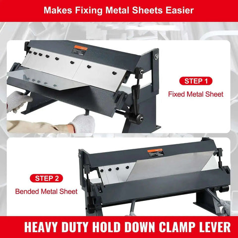 24 Inch Box And Pan Brake Metal Bender 0 To 130 Degree Sheet Metal Tool in use fixing and bending metal sheets with clamp lever