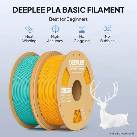 Two spools of DeepLee PLA Basic Filament, teal and orange, for 3D printing with neat winding, high accuracy, and no clogging.