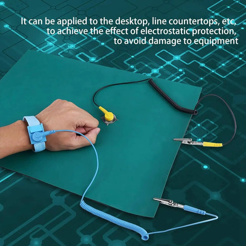 Anti Static Mat Set With Wrist Strap And Grounding Wire For Electronics Repair ESD Protection with 10ft chain in use