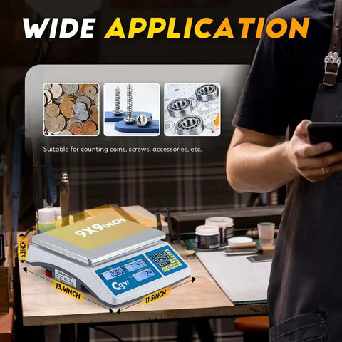 Industrial Countin Scale 30kg Capacity, Ultra-Precise Digital Inventory Scale with 9x9 inch platform in a workshop.