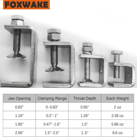Stainless steel mini C clamps set of 4, FoxWake brand, wide jaw openings for mounting.