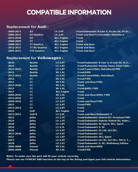 Compatibility chart for Audi and Volkswagen models, including Jetta, Passat, Beetle, listing years and engine types.