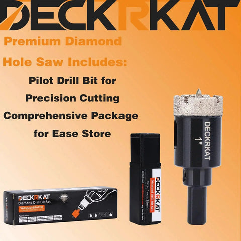 Deckkrat 1-inch diamond-tipped hole saw with guiding pilot bit for porcelain and ceramics, package included.