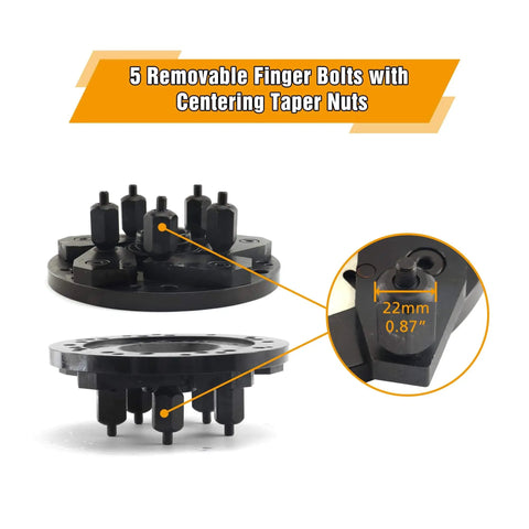 Universal Wheel Balancer Adaptor Plate No Fuss For Tire Balancing Machine Clamp Fitment showing removable finger bolts and centering taper nuts, fits 36-40mm shaft and various lug patterns.