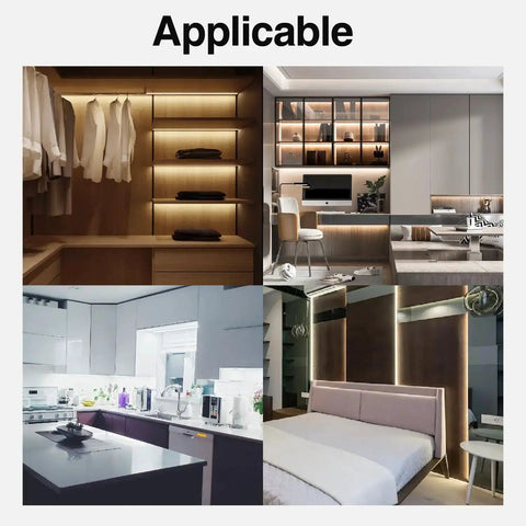 LED strip lights in closet, kitchen, living room, and bedroom, showing Two Pin 8mm LED Strip Connector With 32.8Ft Wire, Screw Terminal Quick Connectors For 5V 12V 24V COB Tape Light, 15 Pack, No Soldering Needed, IP65 Waterproof Compatible Strip Light Accessories.