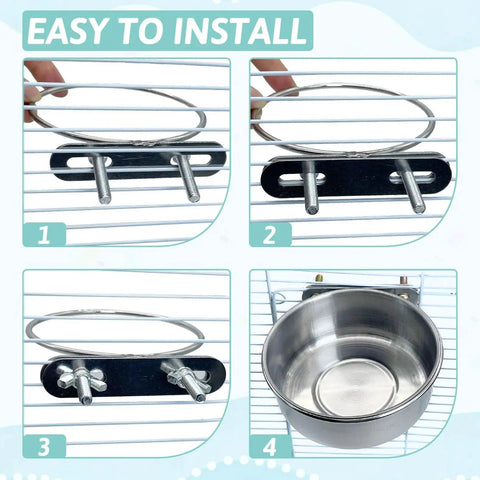 Installation steps for Stainless Steel Bird Bowl Set With Clamp Holder Food And Water Dishes For Birds in cage.