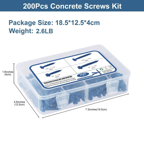 Concrete Screw Assortment Kit With Drill Bit 200 Pcs No Pre Drill Diamond Point Flat Head Phillips And Hex Head Masonry Screws case