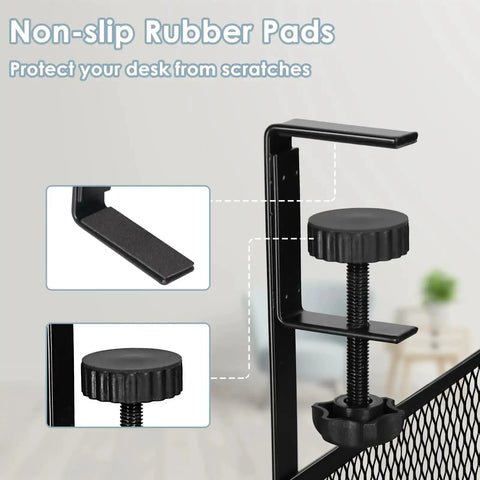 Close-up of clamp mechanism and non-slip rubber pads of 25 Inch Under Desk Cable Management Tray No Drill Clamp Heavy Duty Metal Cord Organizer