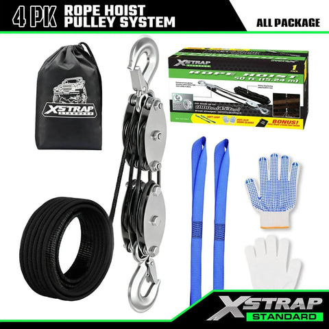 Heavy Duty Hoist With 50 Ft 4.5mm Poly Rope 2000 LB Breaking Strength 1000 LB Load Capacity Includes 2 Soft Loops package bundle