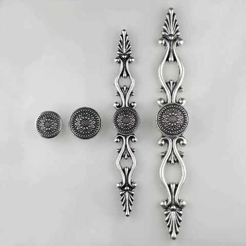 Vintage Sunflower Cabinet Knob With Back Plate Antique Silver And Black, includes two knob sizes and ornate backplates for cupboards and dressers.
