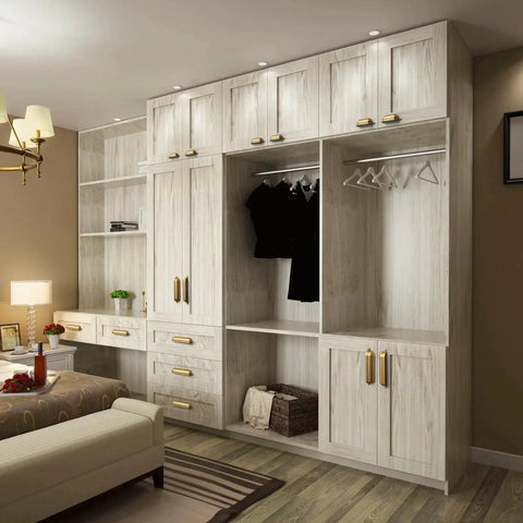Wooden built-in bedroom wardrobe with Antique Brass Zinc Alloy Cup Drawer Pulls Set of 6 For Kitchen Cabinets and Drawers, 5 Inch 128 Millimeter Hole Center Cup Handles With M4 Screws, Includes Two Screws Per Pull, Durable Classic Cabinet Hardware.