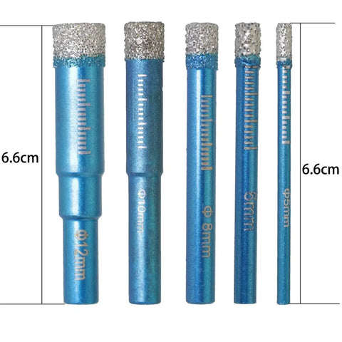 Five Piece Diamond Dry Drill Bit Set For Tile Glass Ceramic Marble And Stone With 3/16 15/64 5/16 13/32 1/2 Inch Core Bits Built In Cooling Wax Delivers Over Thirty Percent Higher Abrasion Resistance And Faster Drilling For Clean Precise Holes That Crush. Front view