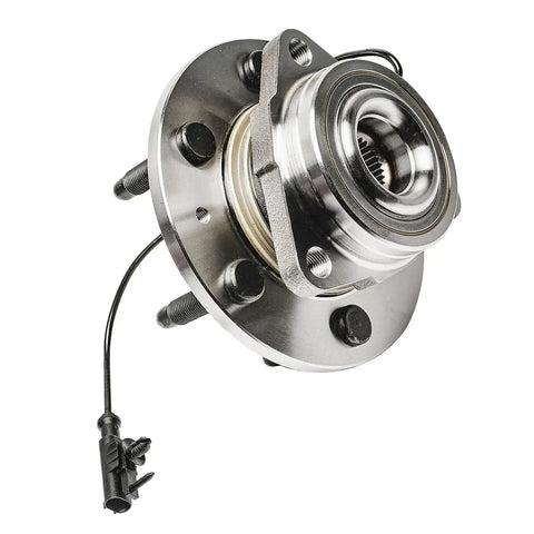 4WD Front Wheel Bearing Hubs Assembly Set For Chevy Silverado 1500, Suburban, Tahoe shown in metal finish with attached wiring