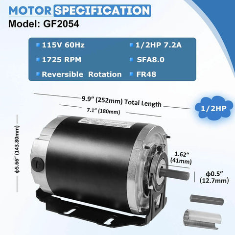 Half HP 115V 1725 RPM 48 Frame Blower Motor Replacement For AO Smith GF2054 with specifications and dimensions shown