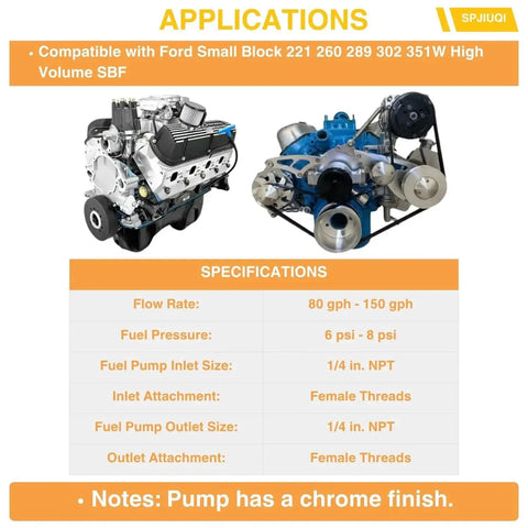 Specifications for High Volume Mechanical Fuel Pump For Ford Small Block V8 221 260 289 302 351W Chrome, 80-150 GPH, 6-8 PSI.
