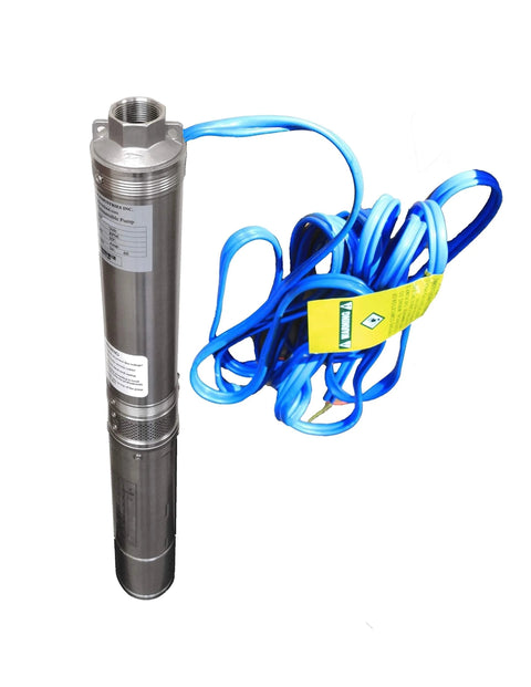 Deep-well submersible pump with stainless steel body and blue power cord