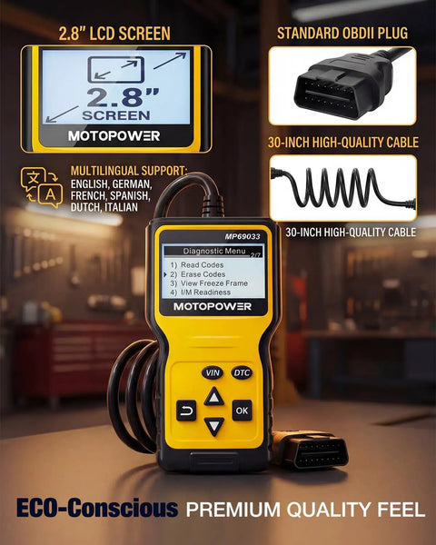 OBD2 Code Reader For All Cars Since 1996 with 2.8-inch LCD screen, standard OBDII plug, and 30-inch cable.